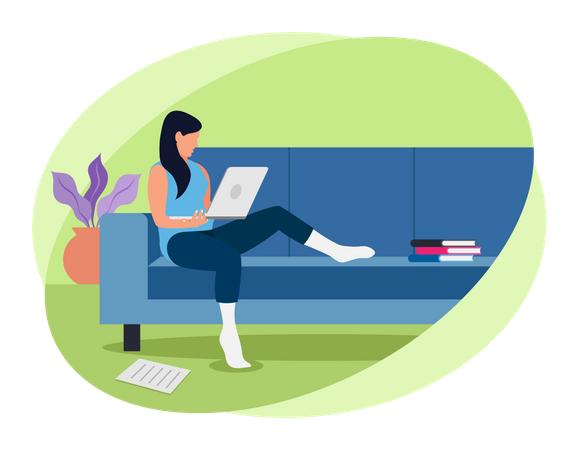 Woman working while sitting on couch Illustration