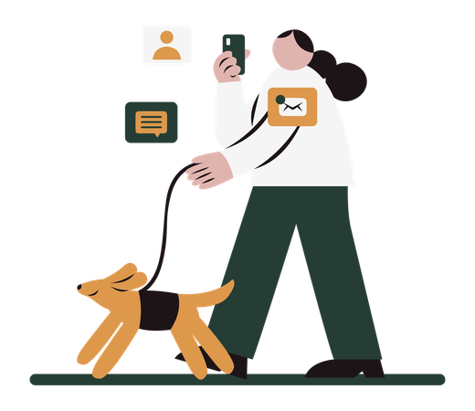 Woman working while walking with dog  Illustration