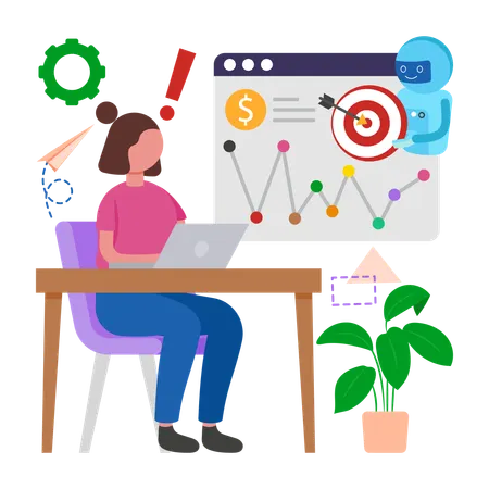 Woman working with AI Powered Marketing Tools  Illustration