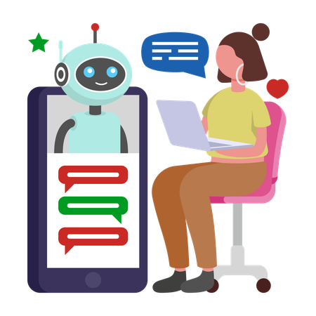 Woman working with Chat Bot Interaction  Illustration