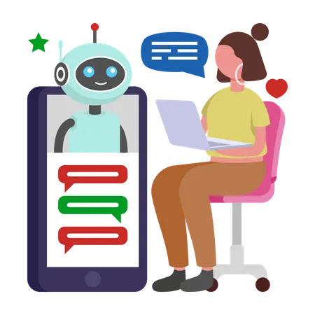 Woman working with Chat Bot Interaction  Illustration