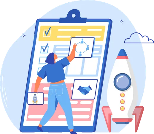 Woman Near Giant Clipboard Task Done And Check Mark Ticks Businesswoman Checks Documet With Business Survey Paper Sheet With Results Of Startup Review Rocket As Symbol Of New Project Launch Illustration
