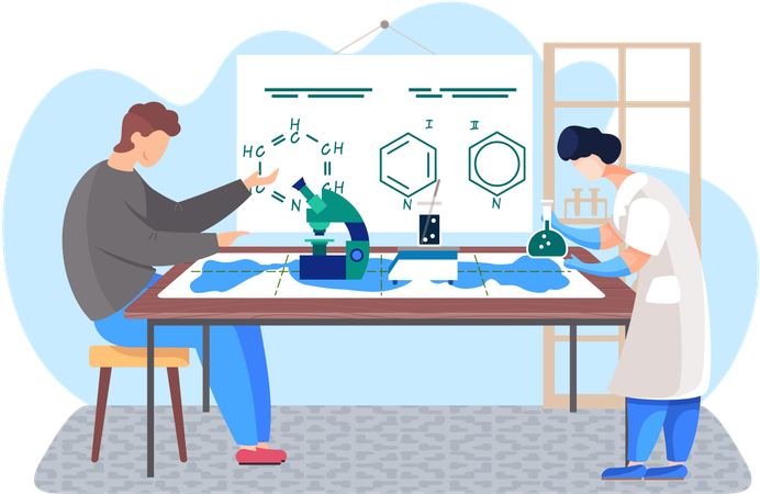 Woman working with flask with liquid  Illustration