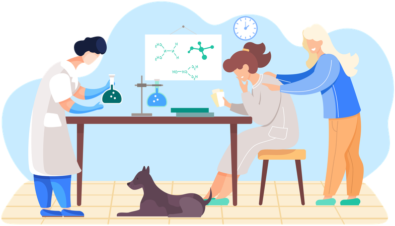Woman working with flask with unknown substance  Illustration