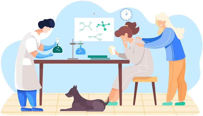 Woman working with flask with unknown substance  Illustration