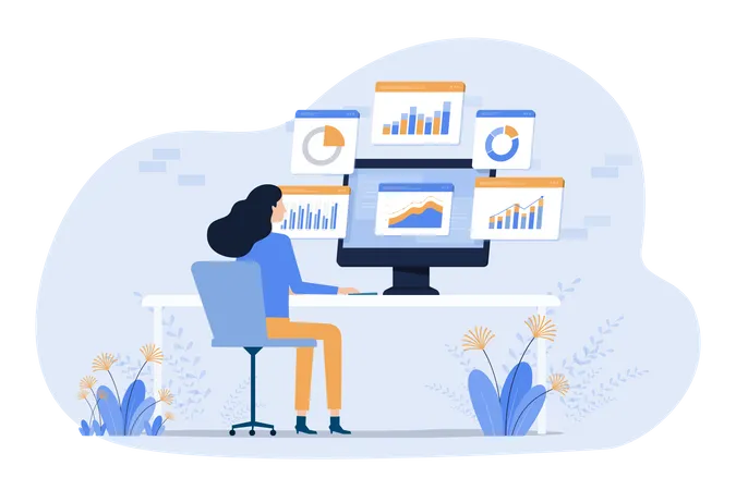 Woman working with graph monitor  Illustration