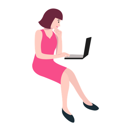 Woman Working with Laptop  イラスト