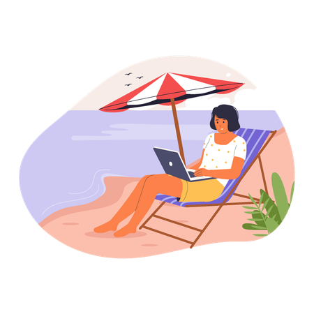 Woman Working with Laptop on Beach Chair Under Umbrella  Illustration