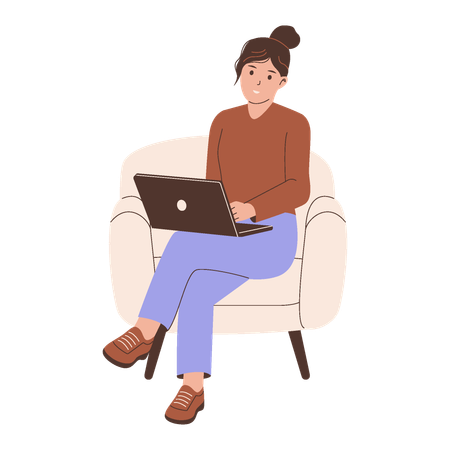 Woman Working With Laptop On Sofa  Illustration