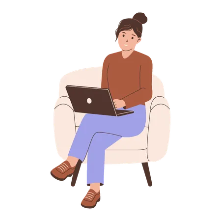 Woman Working With Laptop On Sofa  Illustration