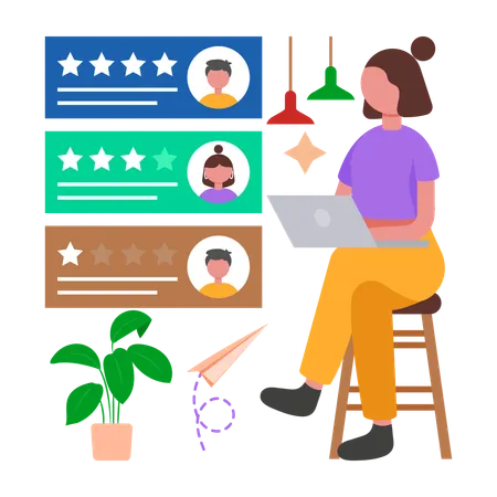 Woman working with Online Reviews  Illustration