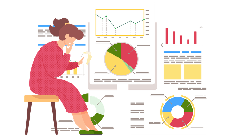 Woman working with statistics and business analytics  Illustration