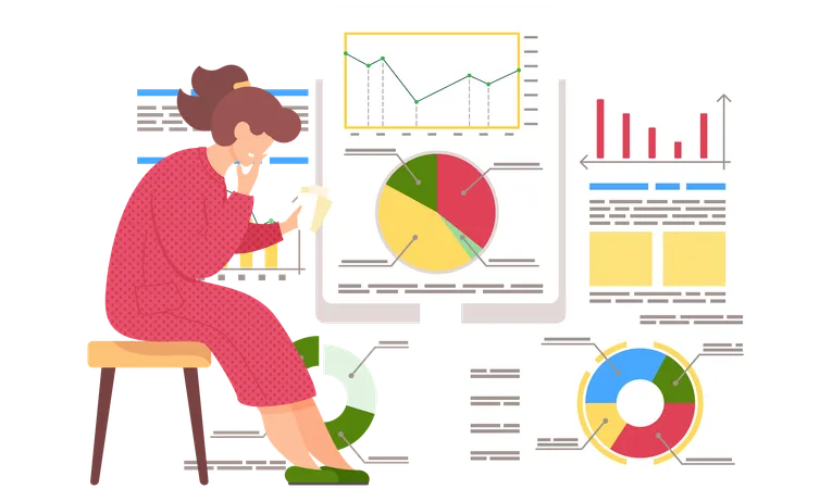 Woman working with statistics and business analytics  Illustration