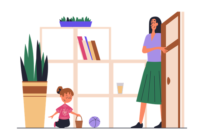 Woman Works As Babysitter And Taking Care Of Little Baby Girl At Home  Illustration