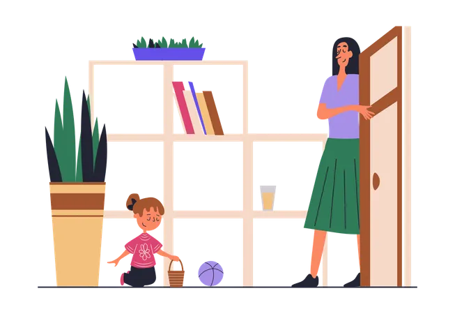 Woman Works As Babysitter And Taking Care Of Little Baby Girl At Home  Illustration