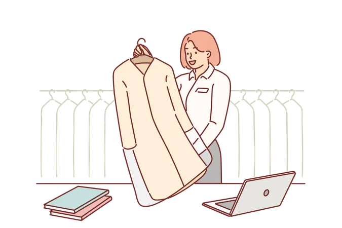 Woman Works At Dry Cleaning And Stands Behind Counter With Client Clean Coat Next To Rack Of Clothes Waiting To Be Professionally Laundered Girl Dry Cleaning Manager Passes Jacket To Customer Illustration