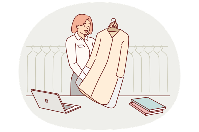 Woman works at dry cleaner and stands behind counter with client clean coat  Illustration
