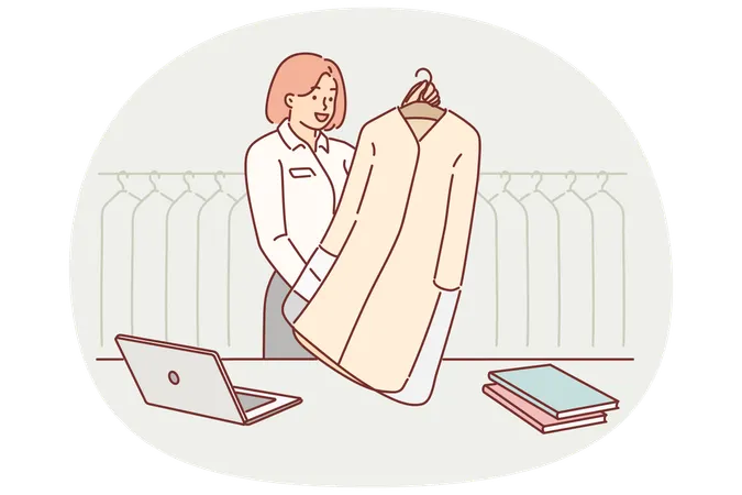 Woman works at dry cleaner and stands behind counter with client clean coat  Illustration