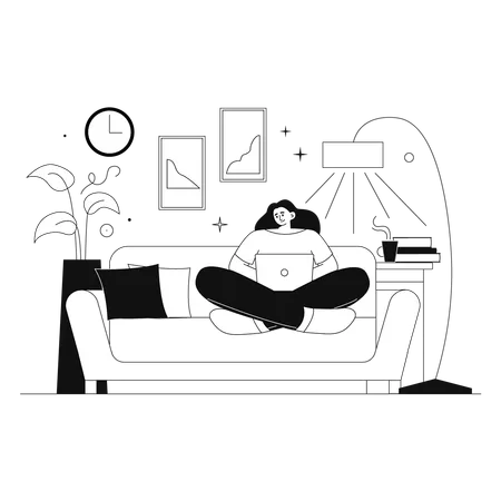 Woman works from home while sitting on the sofa  Illustration