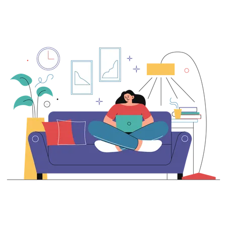 Woman works from home while sitting on the sofa  イラスト