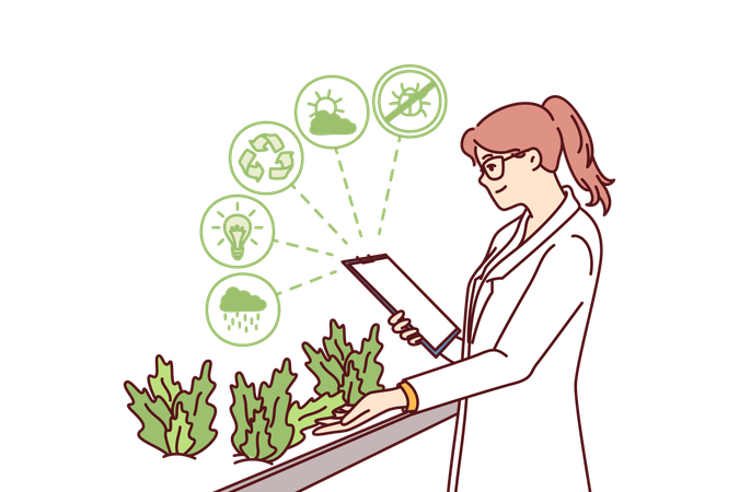 Woman works in hydroponic plant farm growing plants in biological research laboratory  일러스트레이션