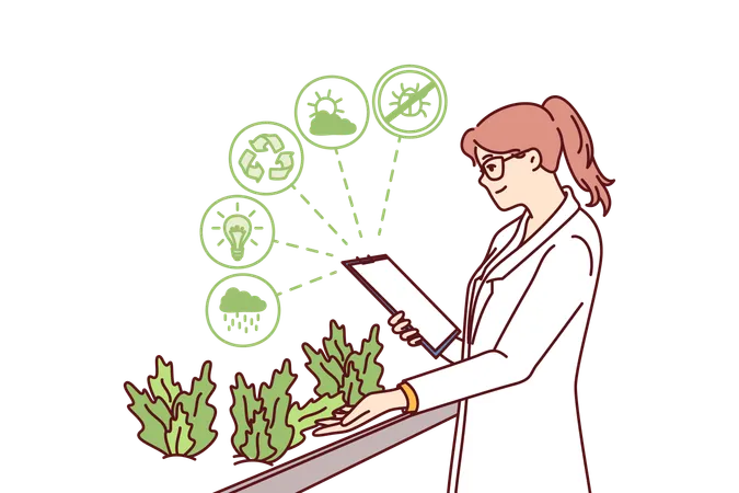 Woman Works In Hydroponic Plant Farm Growing Plants In Biological Research Laboratory Happy Girl In White Coat Is Studying Herbs With Beneficial Properties Working In Scientific Farm 일러스트레이션