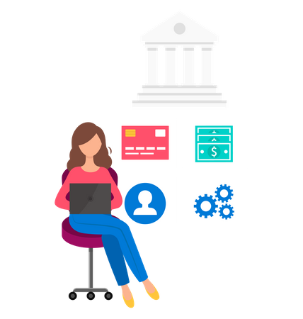Woman works in online banking and bank operations  Illustration
