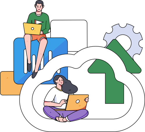 Woman works on cloud data technology  Illustration