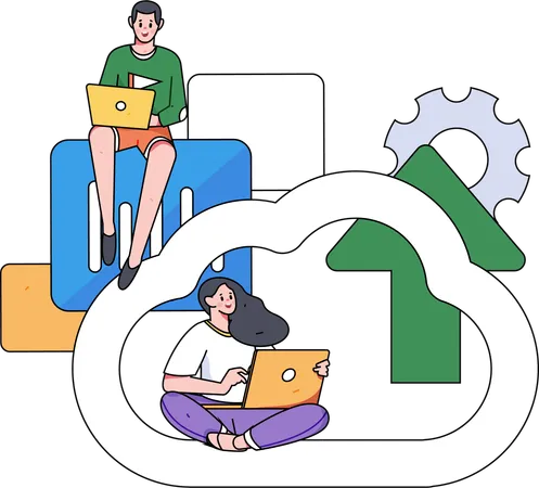 Woman works on cloud data technology  Illustration