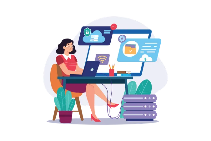 Woman Works On Cloud Server  Illustration