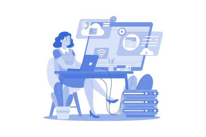 Woman Works On Cloud Server  Illustration