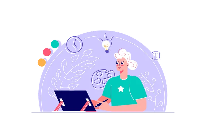 Woman works on creative ideas  Illustration