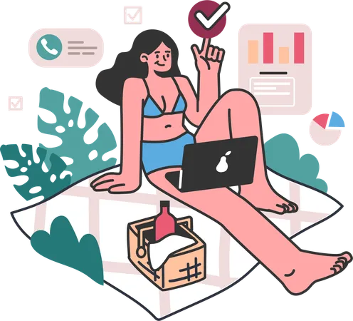 Woman works remotely  Illustration