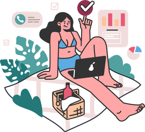 Woman works remotely  Illustration