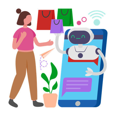AIショッピングアシスタントを使う女性  イラスト