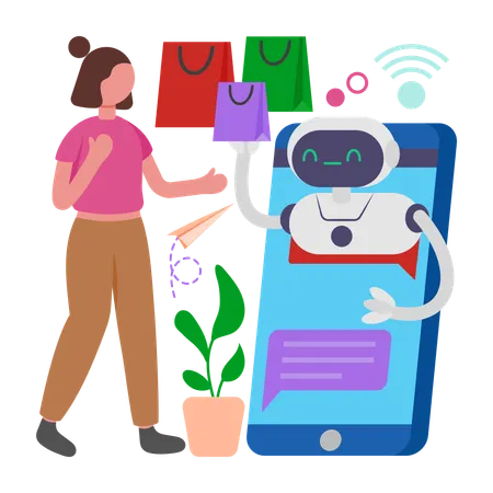 AIショッピングアシスタントを使う女性  イラスト