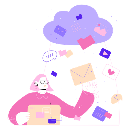 Woman works with virtual cloud files Illustration