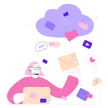 Woman works with virtual cloud files  Illustration