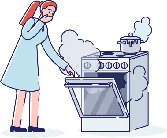 Woman worried about burning gas stove  Illustration