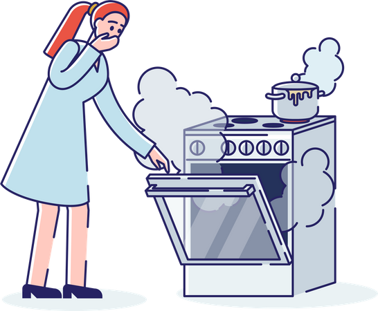 Woman worried about burning gas stove  Illustration