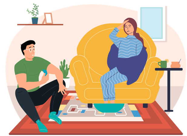 Woman wrapped in plaid warms feet in hot water  Illustration