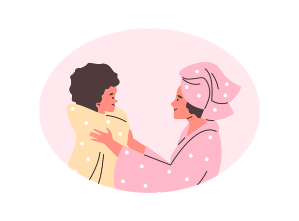 Woman wrapping child in towel  Illustration
