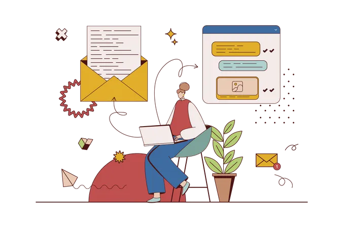 Messaging Service Concept With Character Situation In Flat Design Woman Writing And Sending New Letters Online Using Mail Client Program At Laptop Vector Illustration With People Scene For Web Illustration