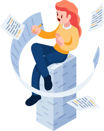 Woman Writing and Sitting on Document Stack Illustration