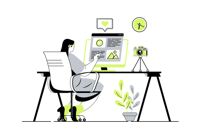 Woman writing article and making new informational posts in blog  Illustration