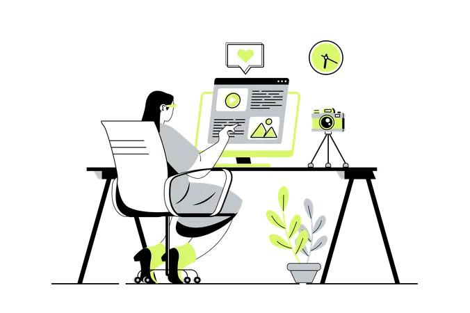 Woman writing article and making new informational posts in blog  Illustration