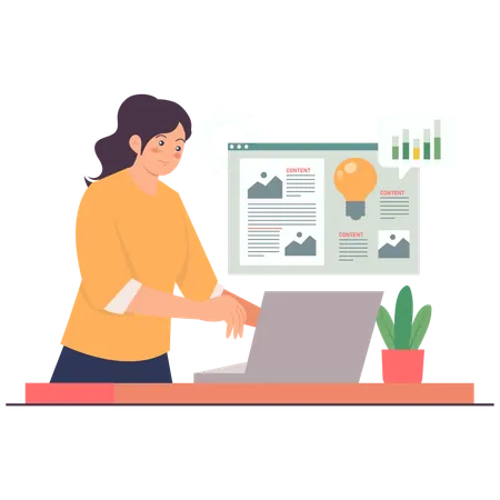 Woman Writing Content Strategy on Laptop  Illustration