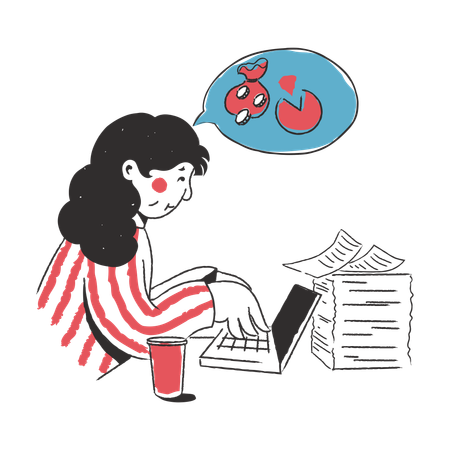 Woman writing financial report at her laptop  Illustration