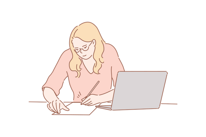 Woman writing note with laptop Illustration