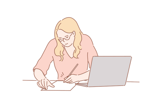 Woman writing note with laptop  Illustration